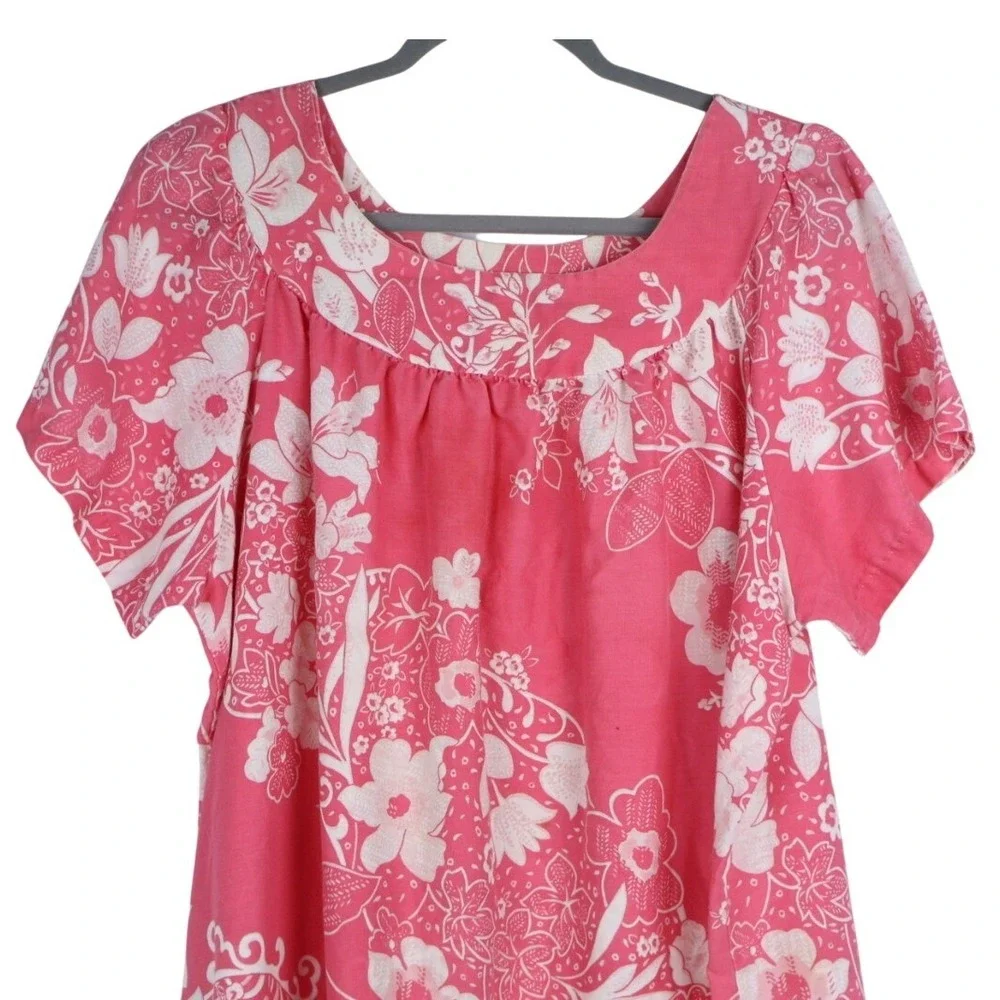 VTG Handmade Pink Floral Muumuu Hawaiian‎ Nightgown Short Sleeve Pocket L/XL